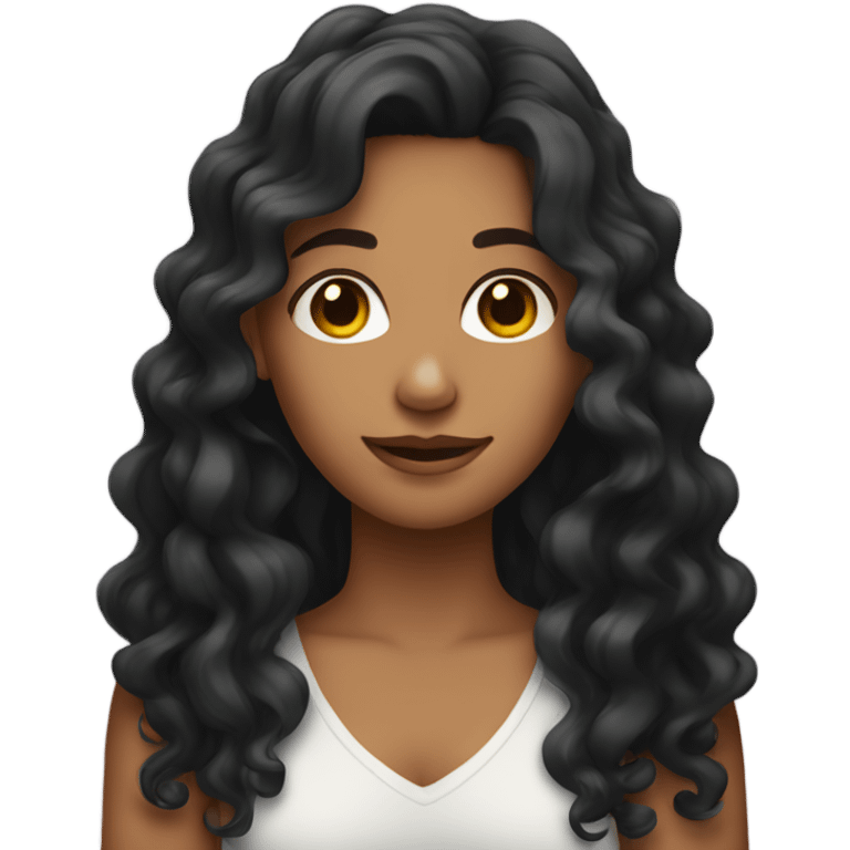 Tan girl with black long curly hair posing with hand in hair emoji