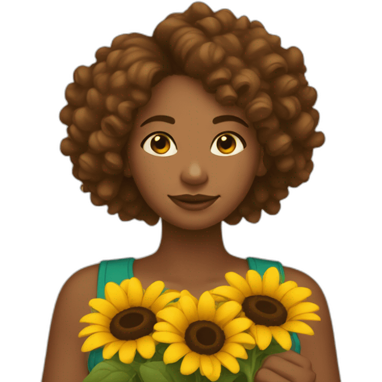 brown-girl-with-curly-hair-holding-sunflowers-in-hand emoji