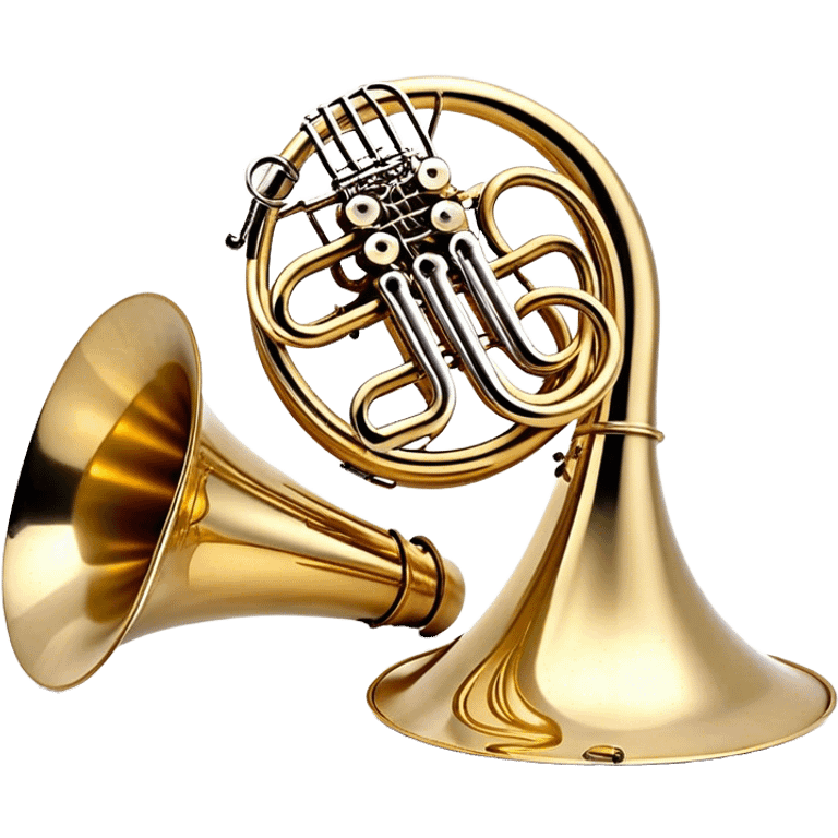 Create a refined and elegant emoji representing the Arnolds & Sons AHR-350 French horn. The design should feature the instrument's beautifully coiled brass body with its distinct flared bell, showcasing the high-quality craftsmanship. Include delicate details like the tuning valves, finger buttons, and elegant brass finish. Add subtle musical notes around the horn to symbolize its melodic sound. Use warm golden and brass tones to convey the luxury and professional quality of the instrument. The background should be transparent emoji