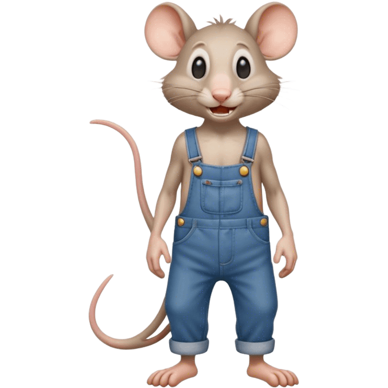 cartoonish skinny drunk hillbilly rat wearing overalls no shirt. standing and talking full body. human eyes. teeth showing emoji