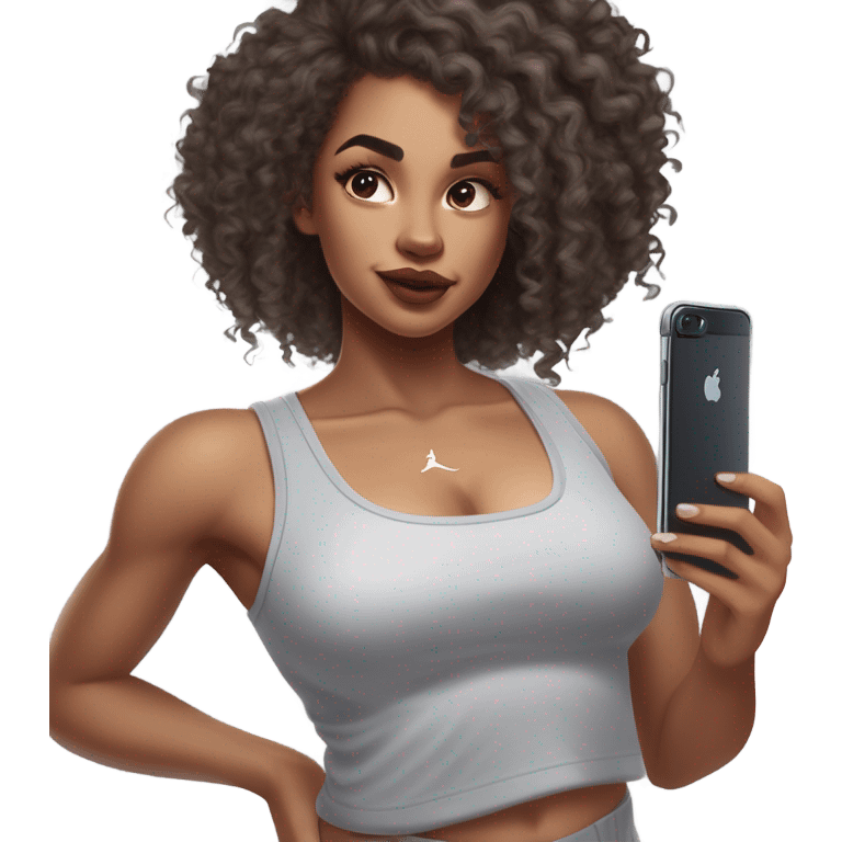 Light brown skin girl, long curly dark brown hair, glossy lips, long lashes, posing in a mirror wearing light grey leggings, light grey skims tank top, and white Nike socks, playing with her long curly hair while holding a iPhone 15  emoji