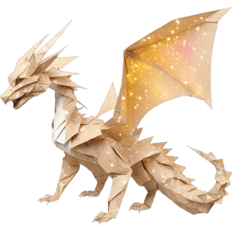 Sparkling patterned Beige Origami dragon with made of newspapers intricate patterns surrounded by fairy lights nebula galaxy stars swirls iridescent on fire covered in dried flowers emoji