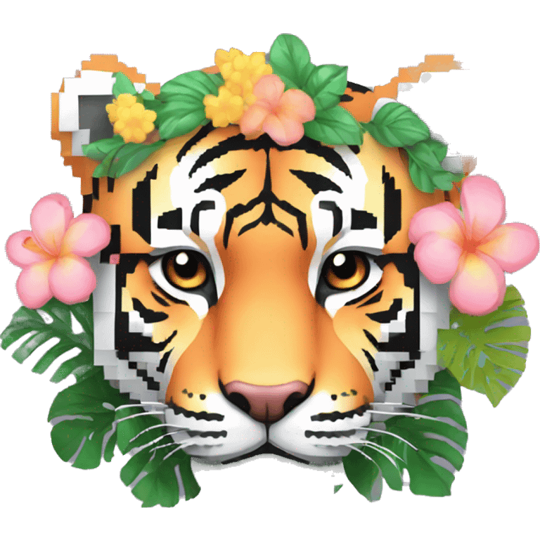 Pixel art of a pixel pastel tiger wearing tropical flowers and leaves, flower crown, floral, pixel emoji