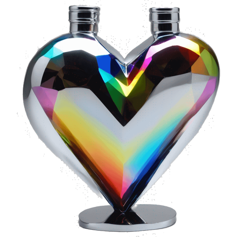 symbolic heart chrome sculpture symbolizing chromatic light with a geometric, faceted design. The bottle is standing upright with angular and baroque features. The vibrant rainbow of colors highlights the sharp edges and planes.  emoji