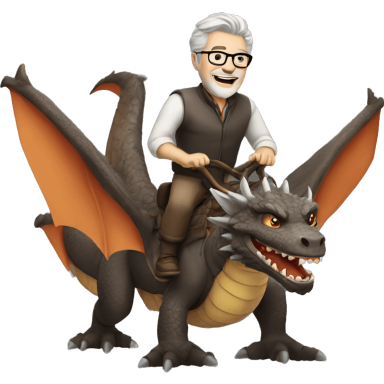 Ugly Mature man with gray hair and beard and glasses riding a dragon emoji