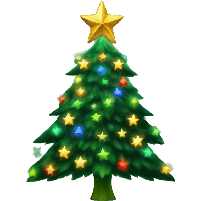 Green Christmas tree with rainbow lights and gold star on top emoji