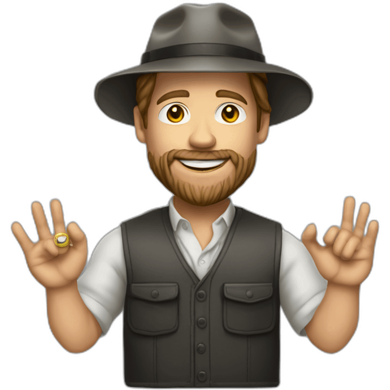 small businessman,Bucket Hat,smile, Brad Pitt, rings on his fingers, beard, vest, realistic emoji