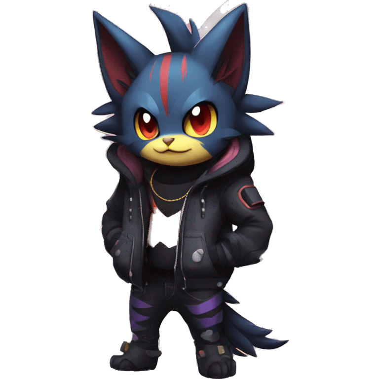 Cool Anthro Black Noibat-Quilava-Litten-Pokémon with edgy stripes hoodie spiked collar punk Full Body emoji