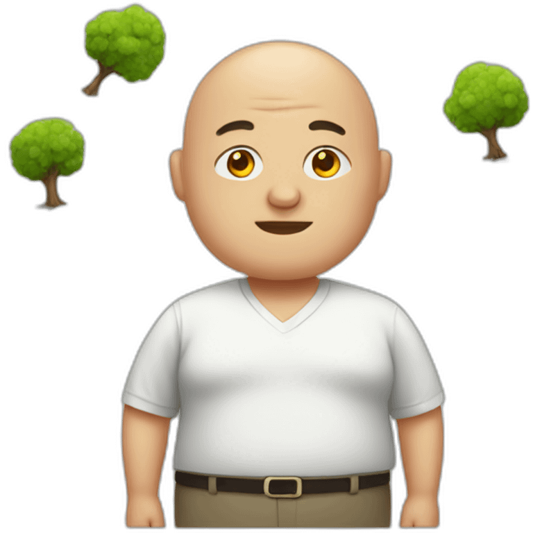 fat bald man wearing shirt with a tree emoji