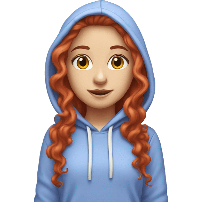 a white girl with long red curly hair, wearing a pastel periwinkle hoodie doing a pose emoji