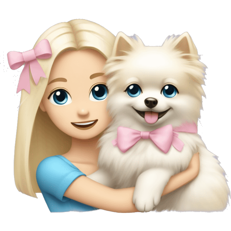 Blond girl white skin blue eyes hugging white Pomeranian with light pink bow emoji