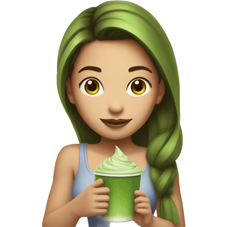 Beautiful girl with brawn hair holding cup of iced matcha  emoji