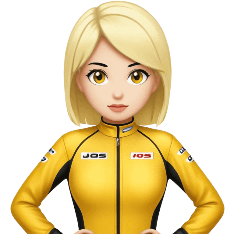 black hair blond skin woman in yelloracing suit emoji