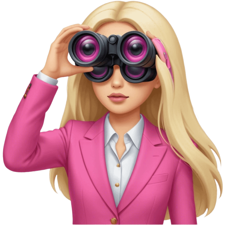 futuristic-looking woman with long hair in an intensive color pink suit looking through two-eyed binocular, viewed from an angled perspective emoji