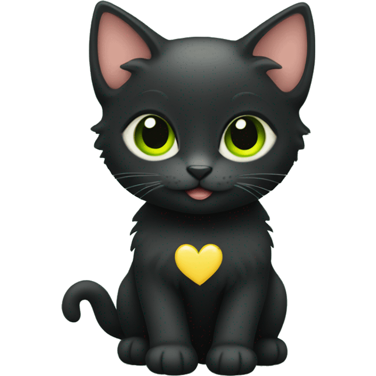 cute black kitten with yellow green eyes surrounded by hearts emoji