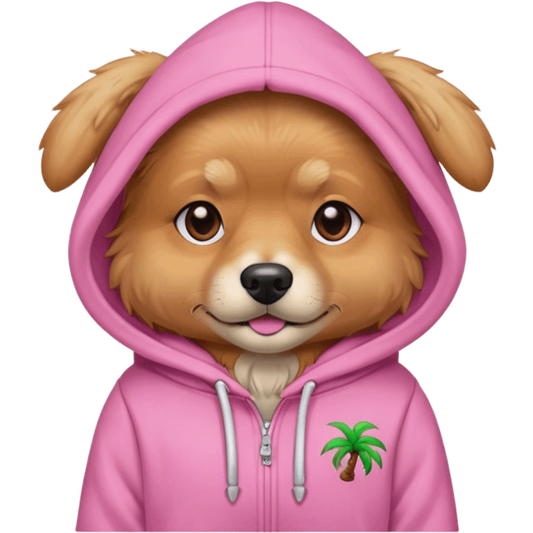 Dog wearing a pink palm puff hoodie￼ emoji