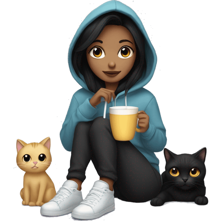 Pretty girl with black hair in a hoodie and sweatpants drinking hot chocolate sitting next to a black cat emoji