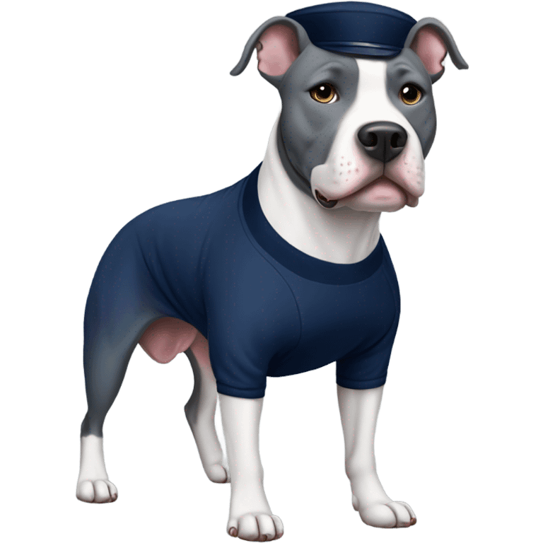 Gray pitbull wearing a navy jersey emoji