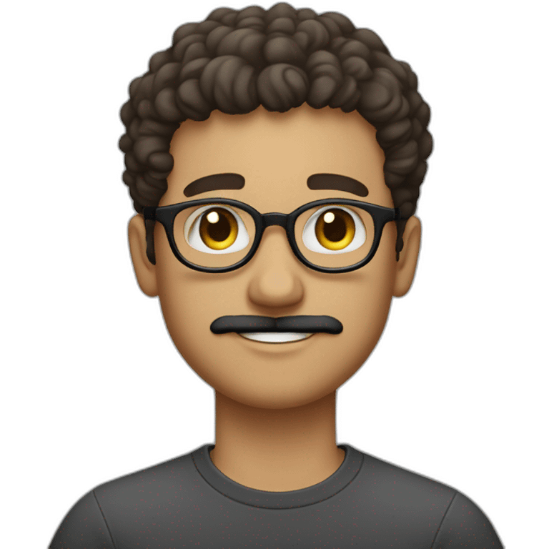 white young man, handlebar black mustache, and oval glasses without frame, and curly short hair emoji