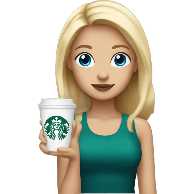 blonde girl blue eyes with Starbucks cup drink emoji