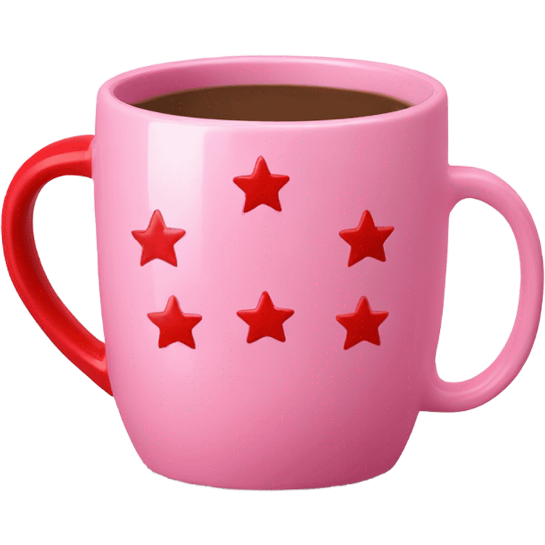 Pink ceramic coffee mug with mini red stars and red handle emoji