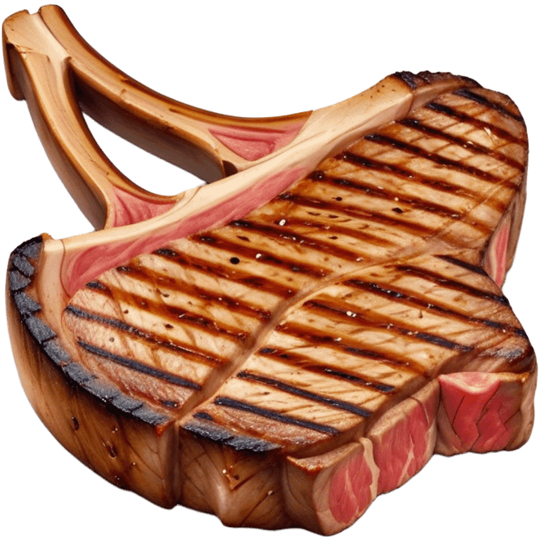 Cinematic thick-cut t-bone steak, perfectly seared with grill marks, a grilled center, rich and savory, warm glow, sizzling and mouthwatering, highly detailed and appetizing. emoji