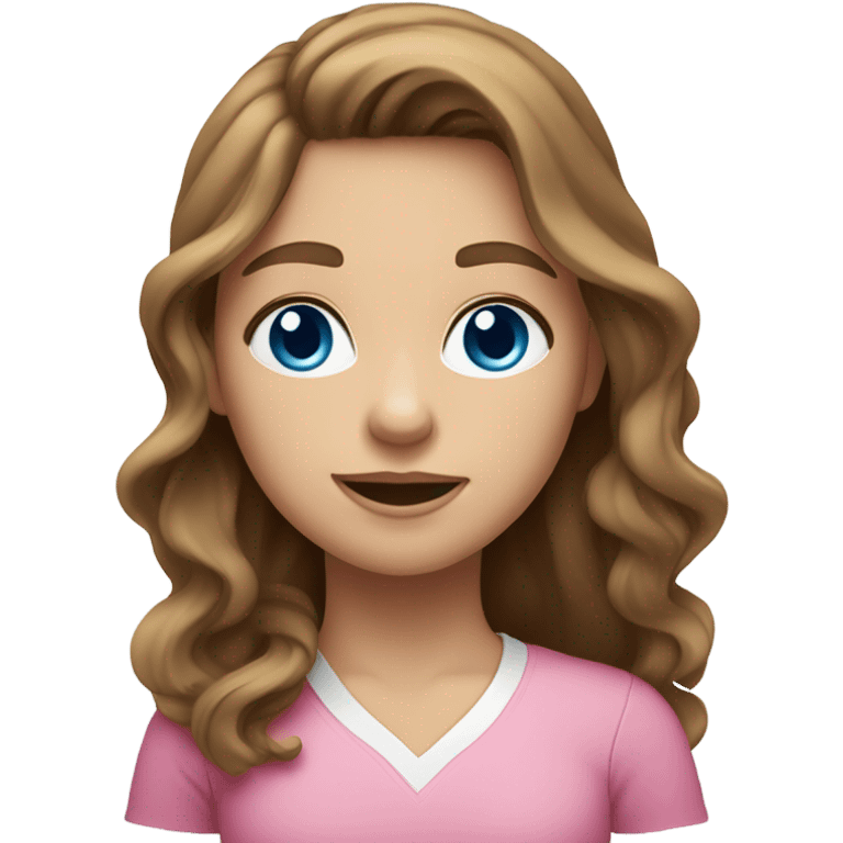 Brown long wavy hair pretty white skin pink shirt girl  blue eyes emoji