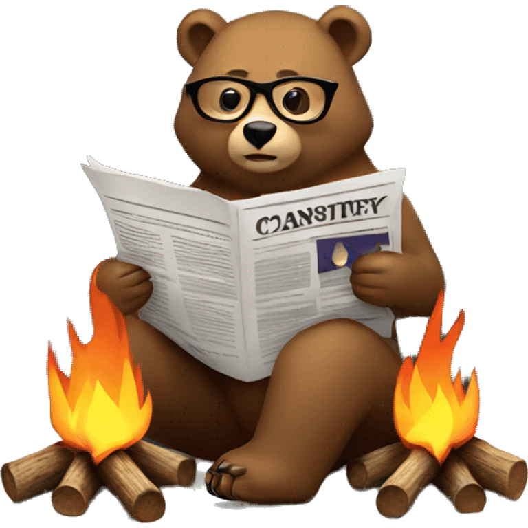 Bear sitting by a campfire wearing glasses reading a newspaper emoji