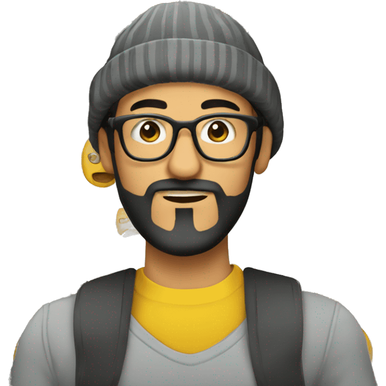 mexican man, mid twenties, full beard, yellow beanie, gray shirt, glasses,  emoji