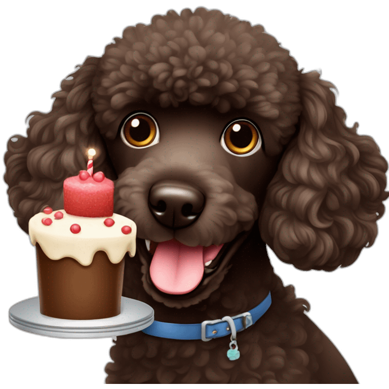 dark brown poodle dog with a tongue slightly sticking out . He has a birthday cake emoji