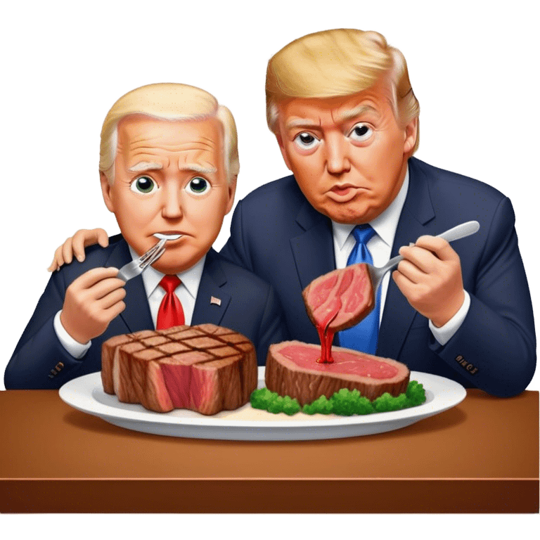 photorealistic Donald Trump and Biden eating a steak shaped like an piece of land emoji