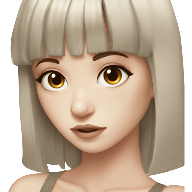 beautiful model, pale skin, deep brown eyes, double eyelids, straight long brown hair, bangs, white laced top emoji