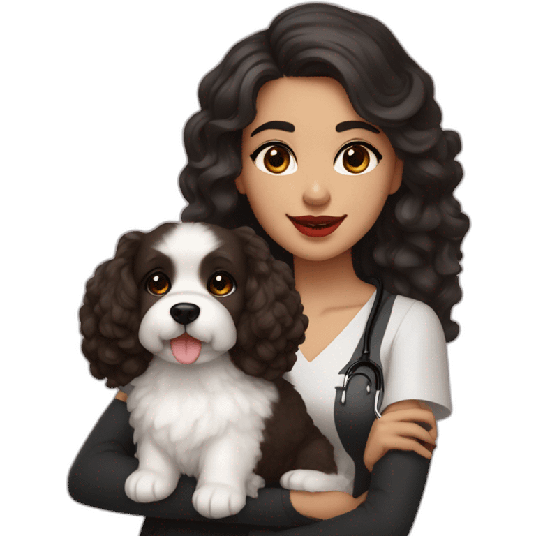 young moroccan woman with dark brown eyes, dark long curling hair, red lips, a black dress, a stethoscope and a white cotton of tulear dog on her laps emoji