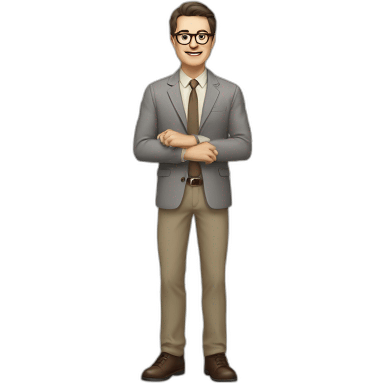 Full height Actively gesturing with hands Pale skinned fit man with dark brown hair in gray jacket, beige office shirt, brown tie, brown pants and vintage glasses. emoji