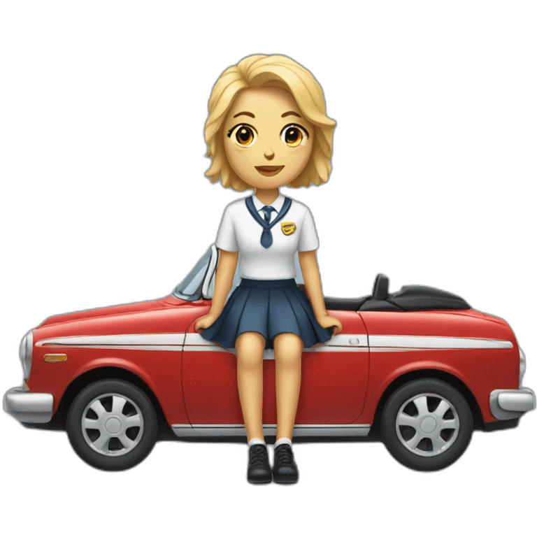 A woman in a school uniform sitting legs crossed on the hood of a car emoji