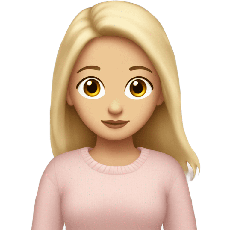 Pretty brown eyed white girl with light pink sweater reading cozy emoji