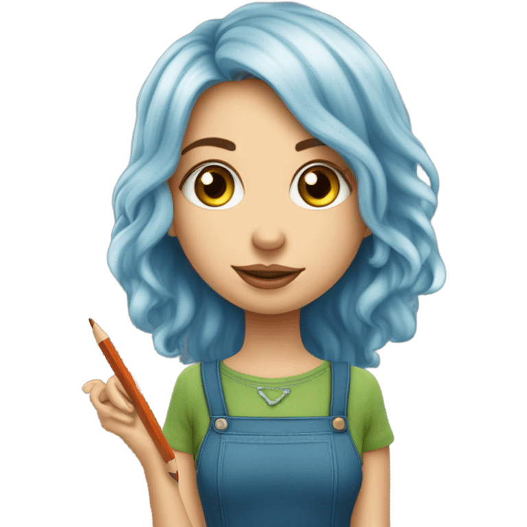 filles au yeux vert et bleu un mélange de couleurs au cheveux chatain mi oncé mi claire avec un appel pencil à la main en mode créative emoji