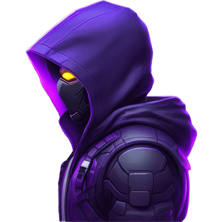 Side view developer behind his laptop with this style : crysis Cyberpunk Valorant neon glowing bright purple character purple violet black hooded assassin themed character emoji