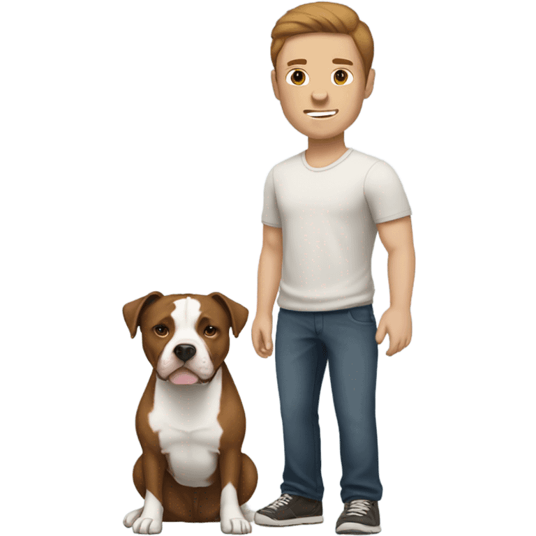 white male with brown hair standing alongside a white and brown pitbull emoji