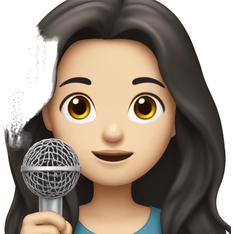 a girl with long black-brown hair, hazel eyes, pale skin, singing into a microphone emoji