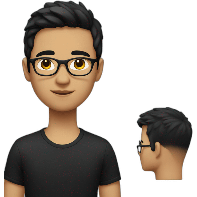 A boy with short black hair in a black T-shirt and black-rimmed glasses emoji