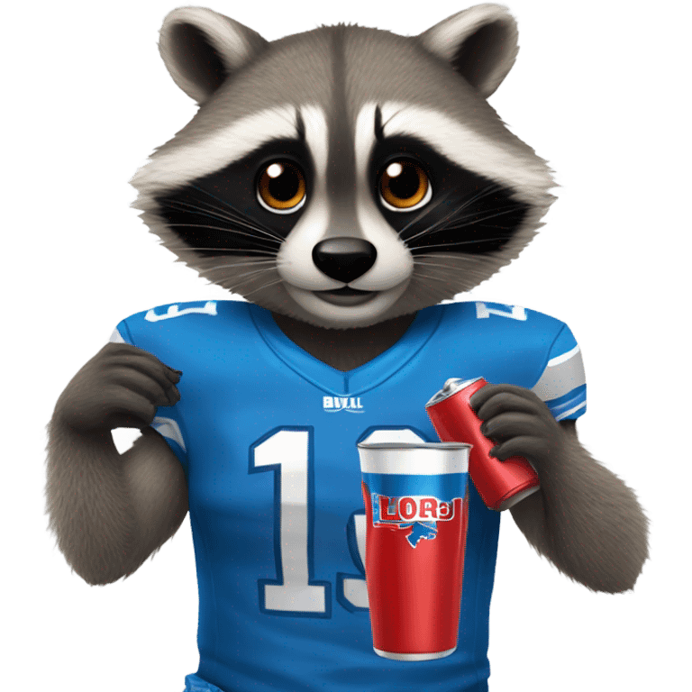 A raccoon holding a red bull drink, wearing a blue Detroit lions jersey  emoji