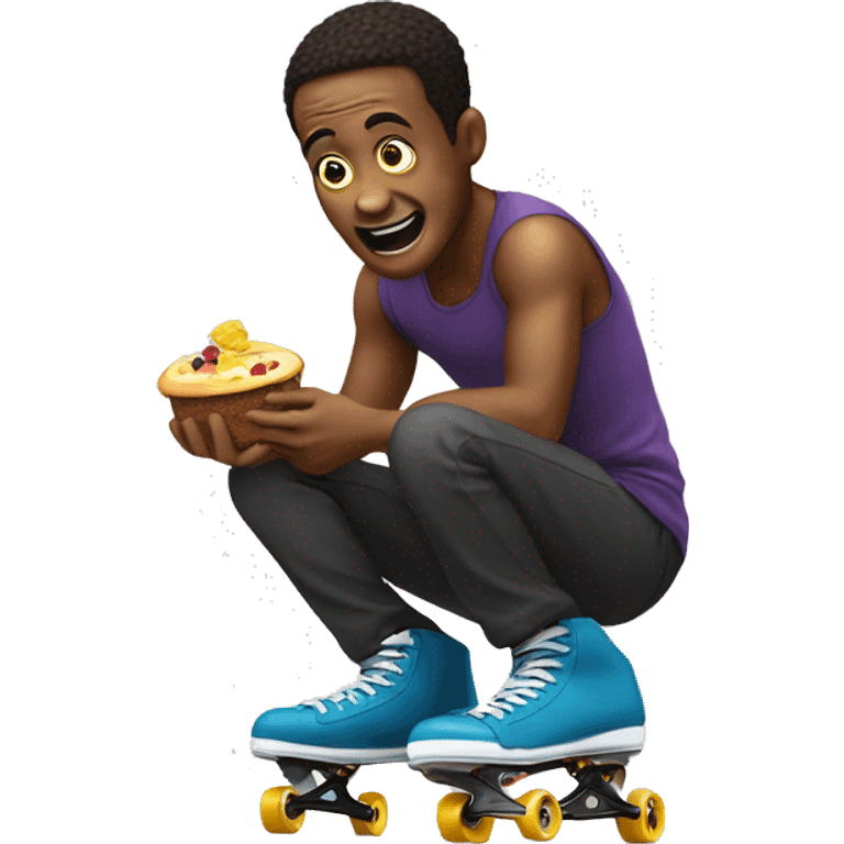 Greedy man eating food whilst skating on quads skates emoji