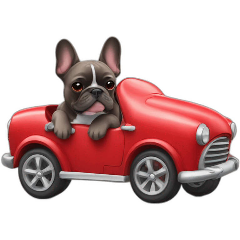 brindle french bulldog driving a red car emoji