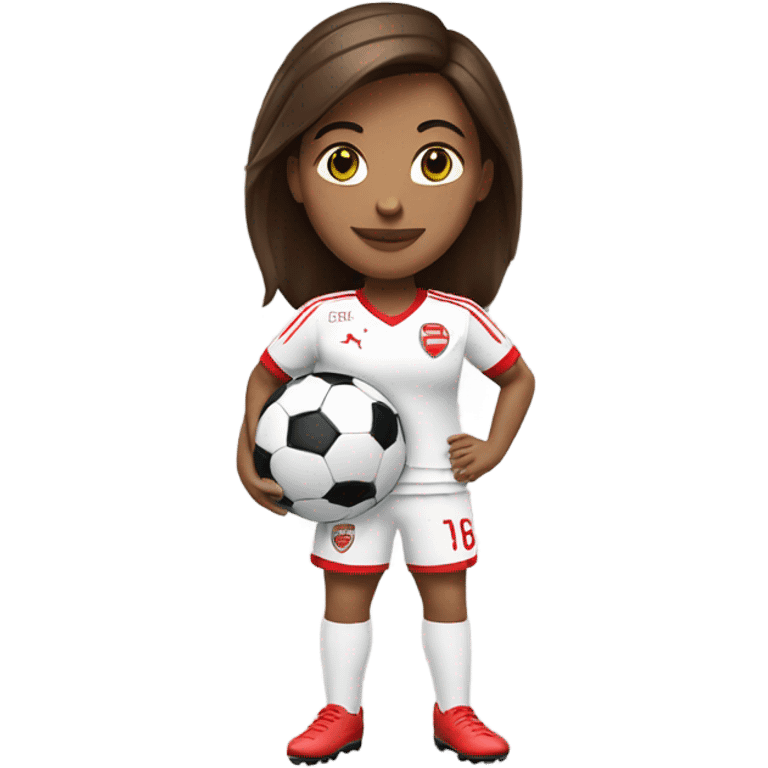 Pretty woman with short brown hair holding a soccer ball and wearing an Arsenal jersey emoji