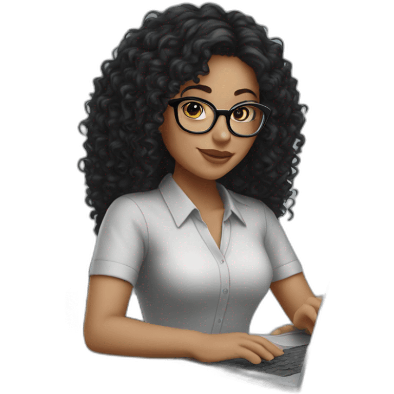 White girl with specs and long black curly hair working on a laptop  emoji