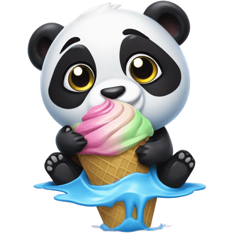 A little panda eats a big OREO ice cream with bamboo and swims in the pool emoji