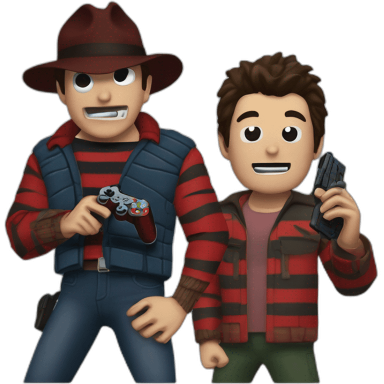 Freddy Krueger and Ash Williams and Jason Voorhees playing a video game emoji