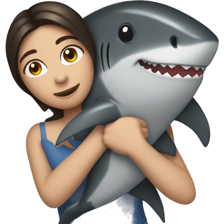 brunette girl hugging a shark emoji