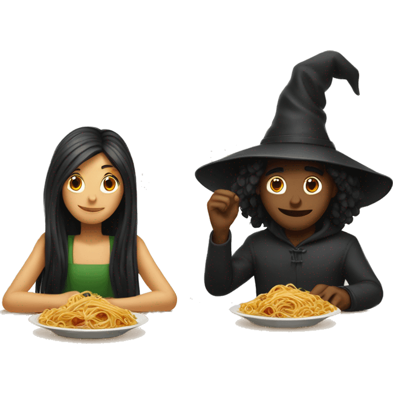 one girl and one guy sitting at a table witch spaghetti  emoji